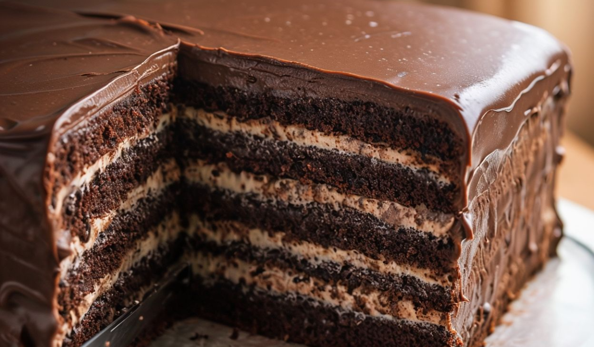 Tall, stacked chocolate layer cake with smooth frosting and chocolate shavings on top.