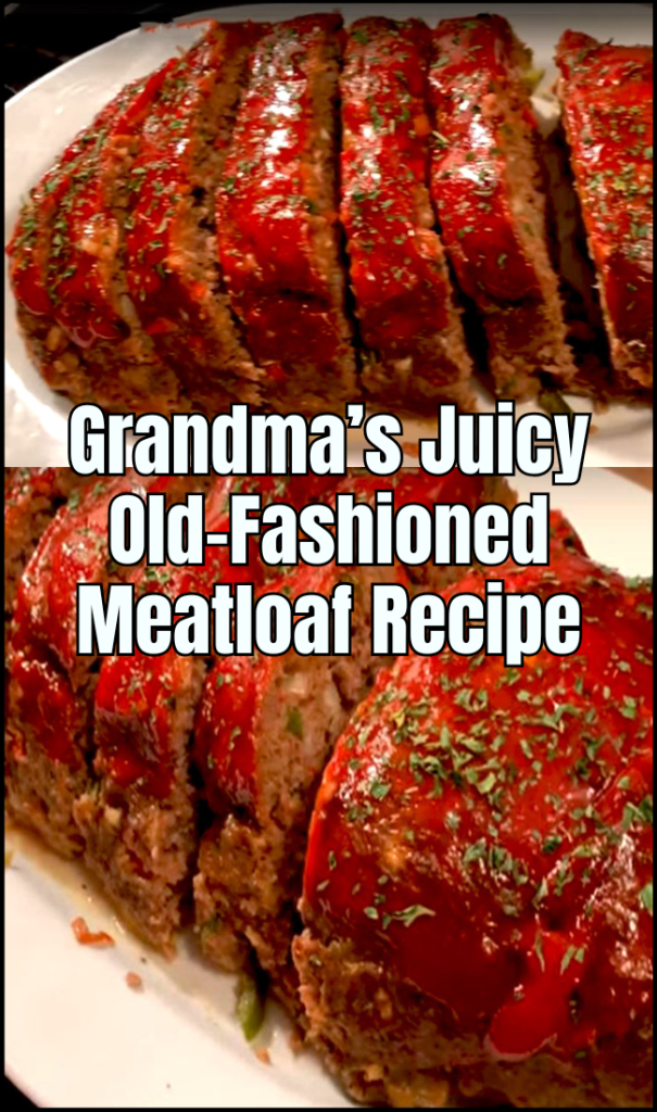 A perfectly sliced old-fashioned meatloaf with a caramelized ketchup glaze on top.