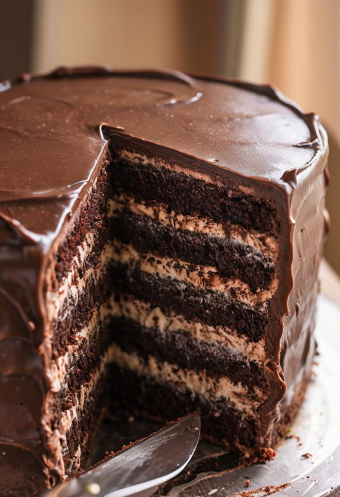Tall, stacked chocolate layer cake with smooth frosting and chocolate shavings on top.