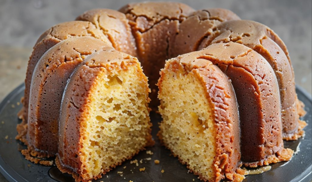 Sliced rum cake showing moist, dense interior soaked with rum syrup.