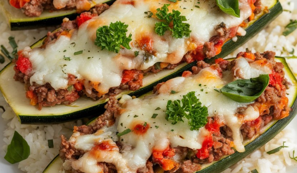 A delicious plate of Italian zucchini boats stuffed with a savory mix of ground meat, tomatoes, cheese, and herbs, baked to golden perfection.