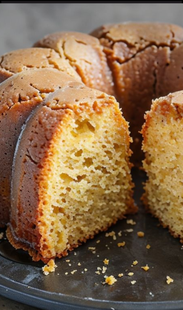 Sliced rum cake showing moist, dense interior soaked with rum syrup.