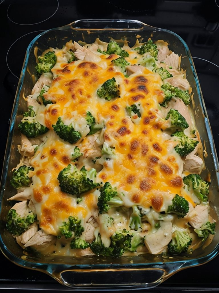 A spoonful of cheesy, creamy chicken and broccoli casserole being lifted from the baking dish, showcasing gooey cheese and tender chicken.