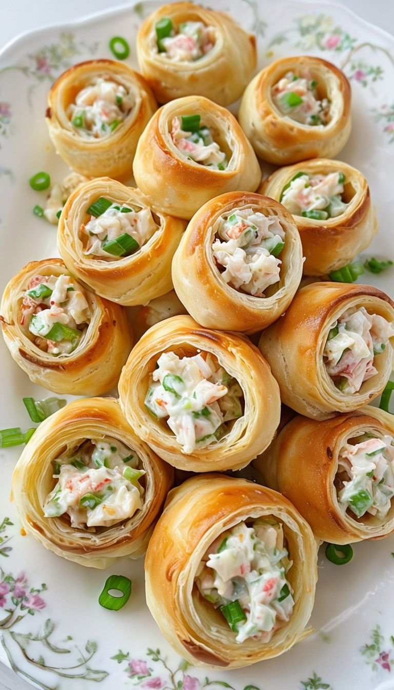 A batch of freshly baked crab and cream cheese crescent rolls, garnished with fresh herbs and served on a wooden cutting board.
