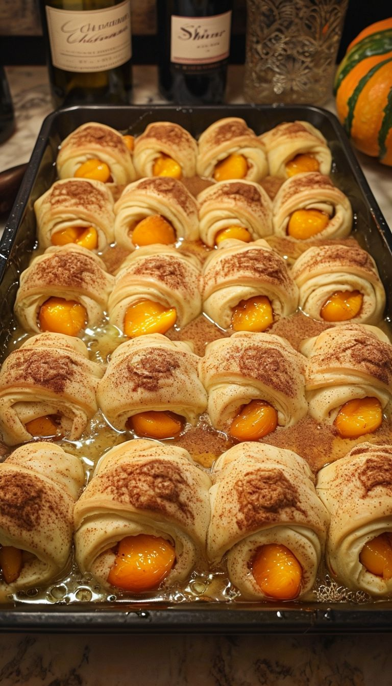 A close-up of flaky peach roll-ups, showing the juicy peach filling inside.
