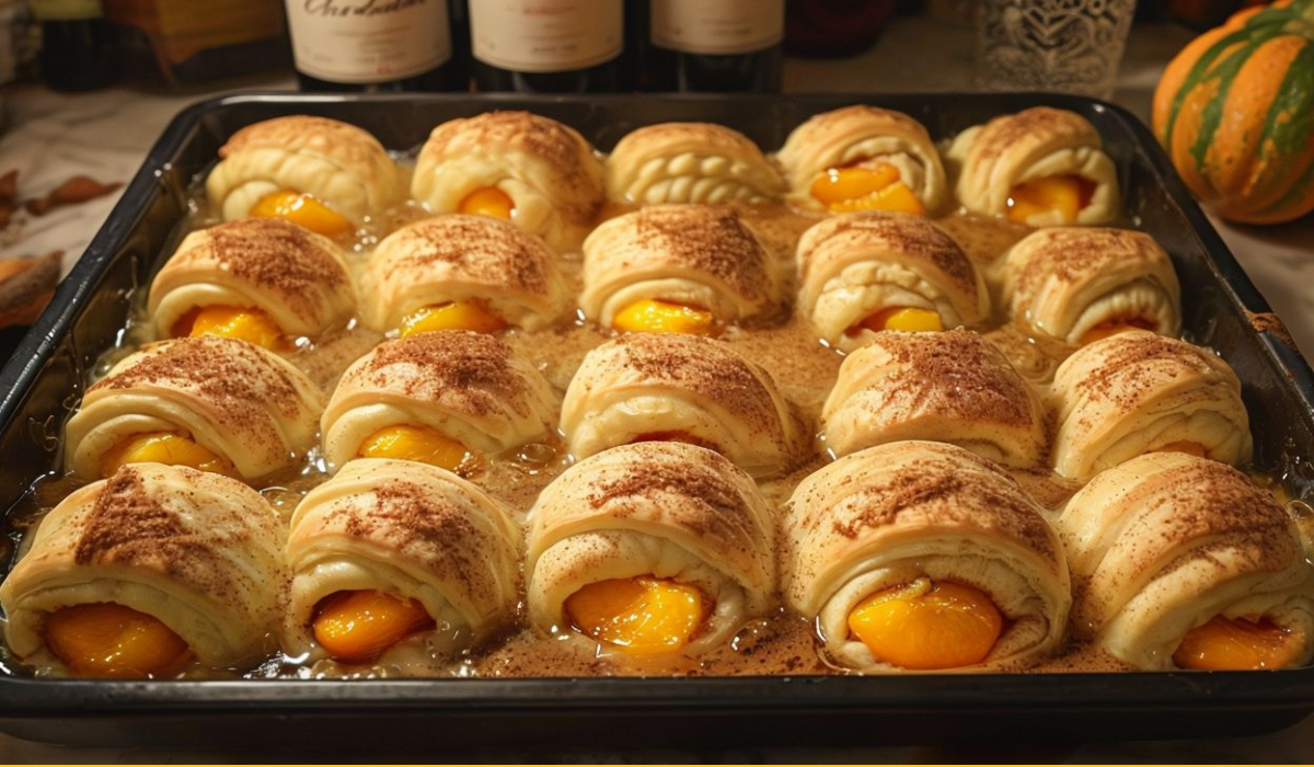 A close-up of flaky peach roll-ups, showing the juicy peach filling inside.