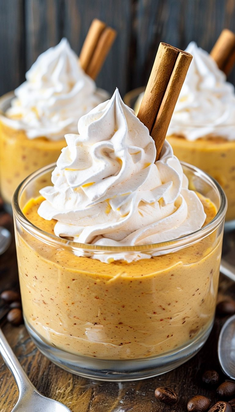 A mini no-bake pumpkin cheesecake in a jar, topped with whipped cream and cinnamon, ready to be served.