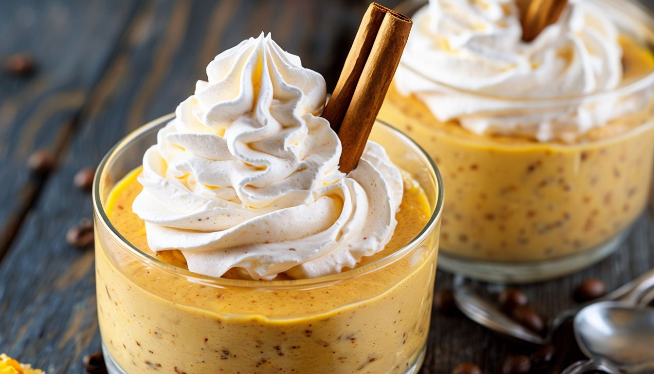 A mini no-bake pumpkin cheesecake in a jar, topped with whipped cream and cinnamon, ready to be served.