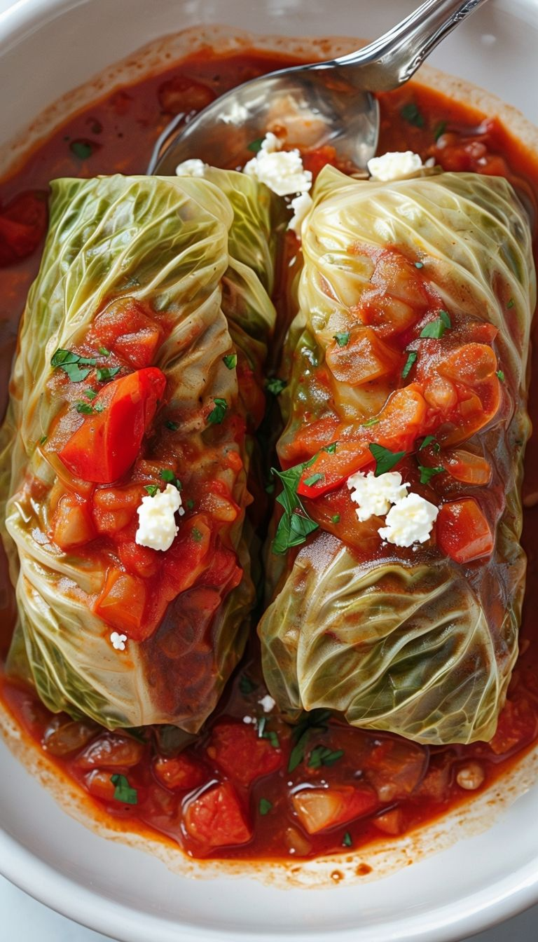 A plate of tender slow cooker cabbage rolls, covered in rich tomato sauce, ready to be served.