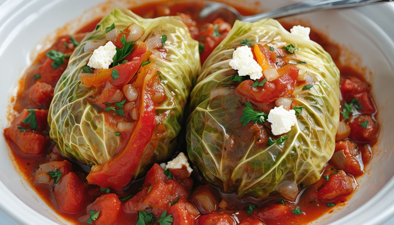 A plate of tender slow cooker cabbage rolls, covered in rich tomato sauce, ready to be served.