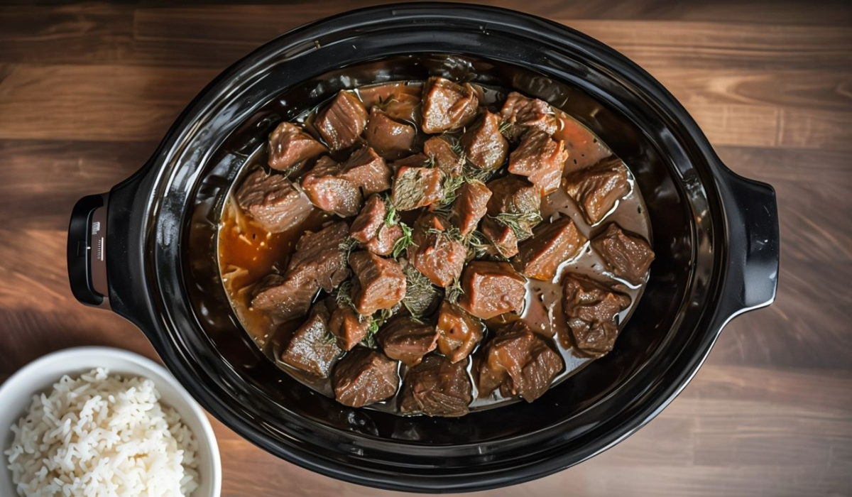 Tender, slow-cooked beef tips simmering in a rich brown gravy inside a slow cooker, ready to be served.