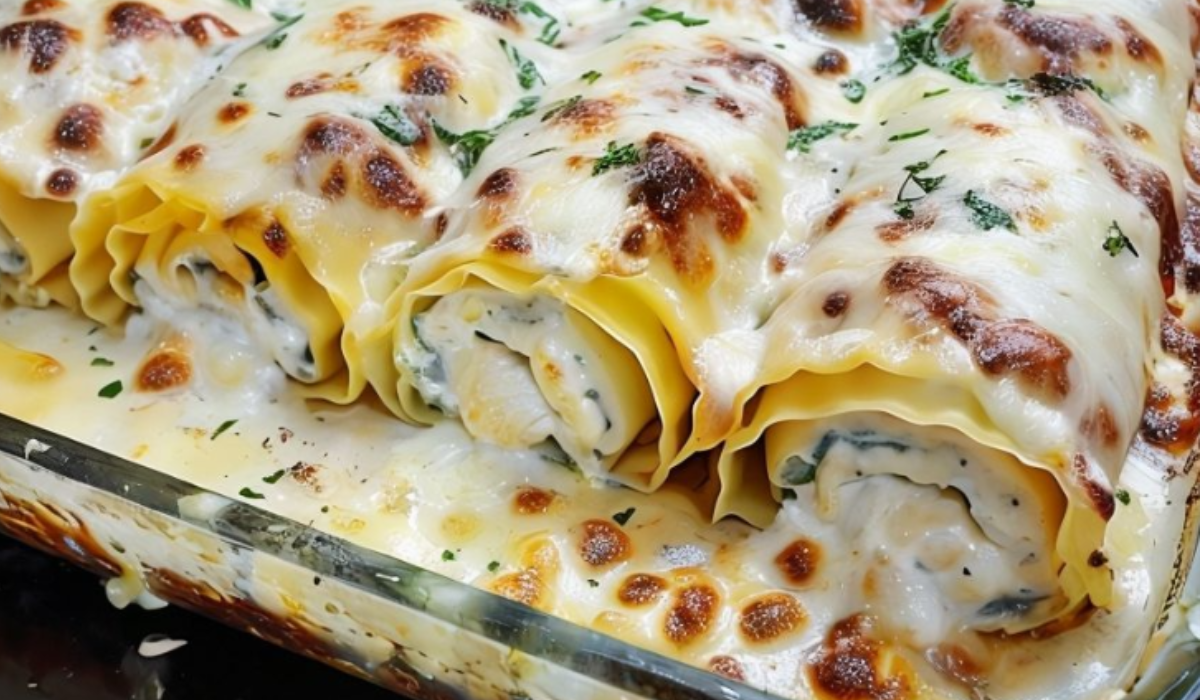 A casserole dish filled with golden, bubbling Chicken Alfredo Lasagna Roll-Ups, fresh from the oven.