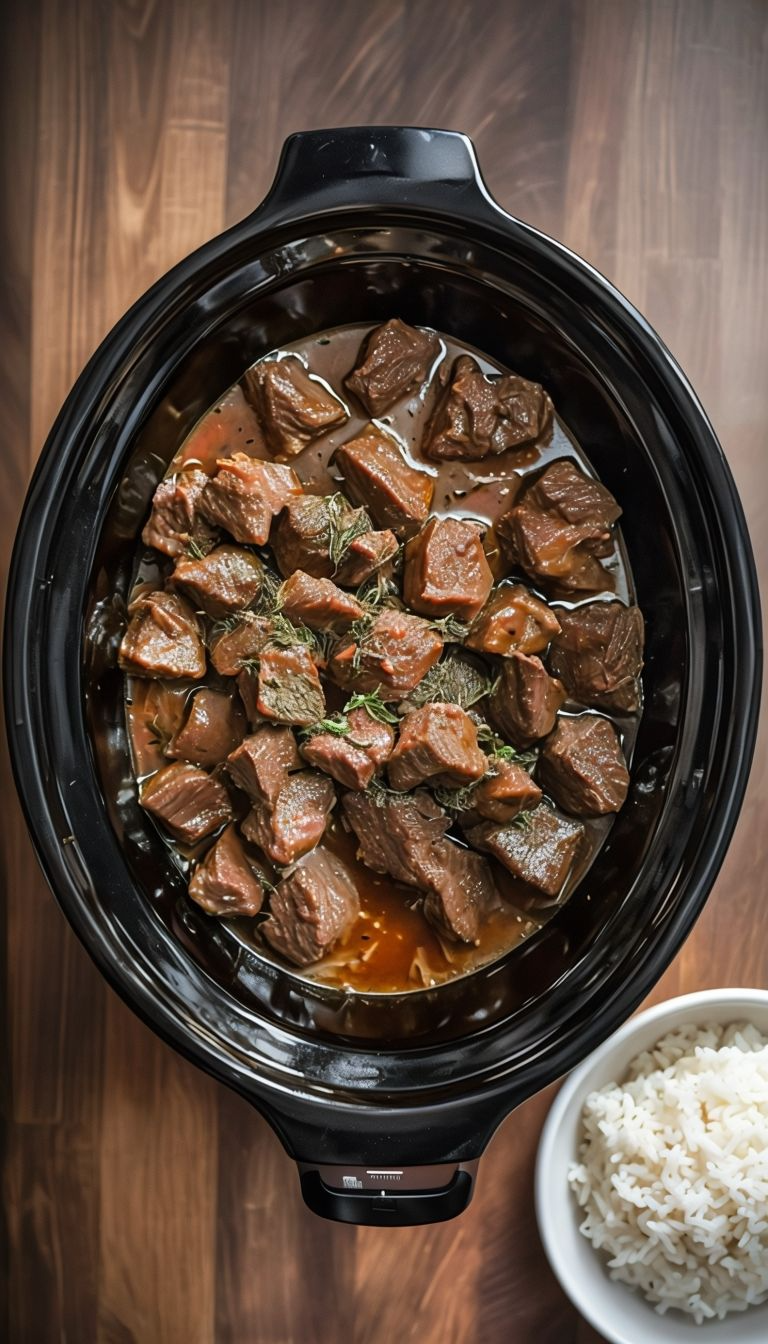 Tender, slow-cooked beef tips simmering in a rich brown gravy inside a slow cooker, ready to be served.