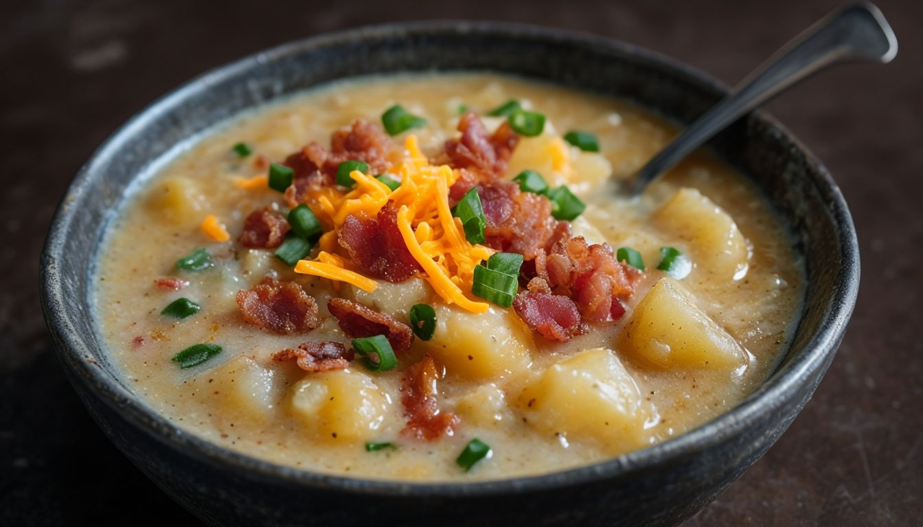 A bowl of creamy Slow Cooker Potato Soup, topped with crispy bacon, shredded cheese, and chopped green onions, served with a side of crusty bread.