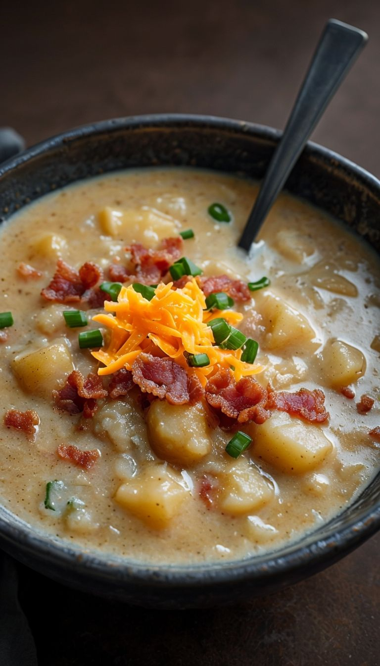 A bowl of creamy Slow Cooker Potato Soup, topped with crispy bacon, shredded cheese, and chopped green onions, served with a side of crusty bread.