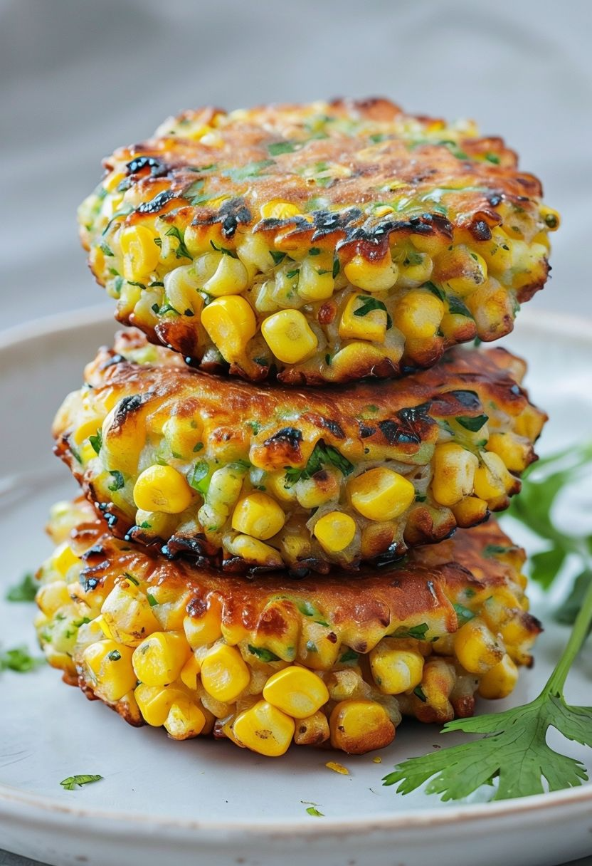 Golden, crispy corn fritters stacked on a plate, showing their crunchy edges and soft, cheesy center, served with a side of sour cream for dipping.