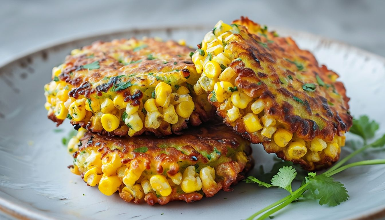 Golden, crispy corn fritters stacked on a plate, showing their crunchy edges and soft, cheesy center, served with a side of sour cream for dipping.
