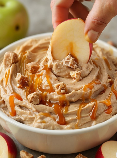 A bowl of creamy caramel apple dip topped with a drizzle of caramel sauce and served with sliced apples.