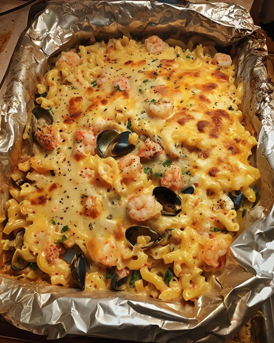A creamy, cheesy bowl of Seafood Mac and Cheese, loaded with tender shrimp, succulent crab, and gooey melted cheese, garnished with fresh parsley and served in a warm, comforting dish. 
