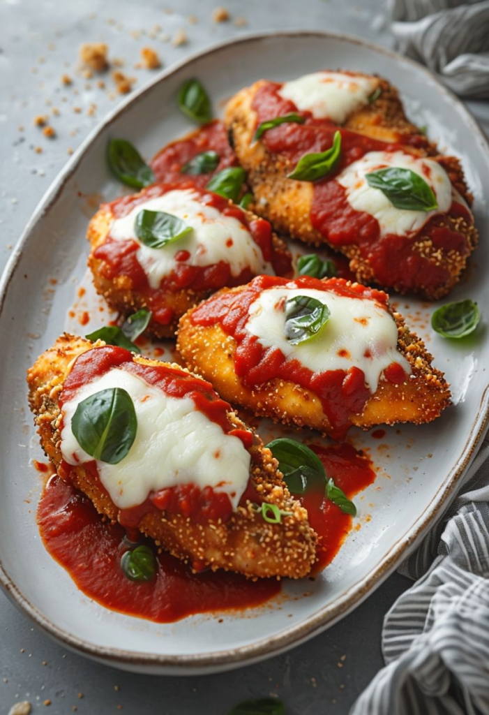 A plate of crispy Chicken Parmesan, topped with melted mozzarella, rich marinara sauce, and fresh basil, served with pasta for a perfect Italian meal.