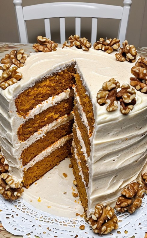 A beautifully layered Four-Layer Pumpkin Cake with rich cream cheese frosting, topped with a sprinkle of cinnamon and garnished with a light dusting of nutmeg, served on a white plate for the perfect fall dessert.