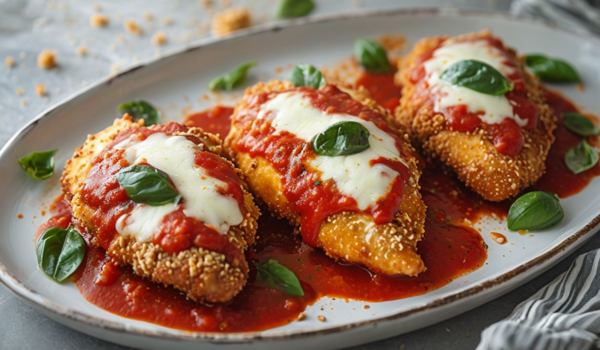 A plate of crispy Chicken Parmesan, topped with melted mozzarella, rich marinara sauce, and fresh basil, served with pasta for a perfect Italian meal.