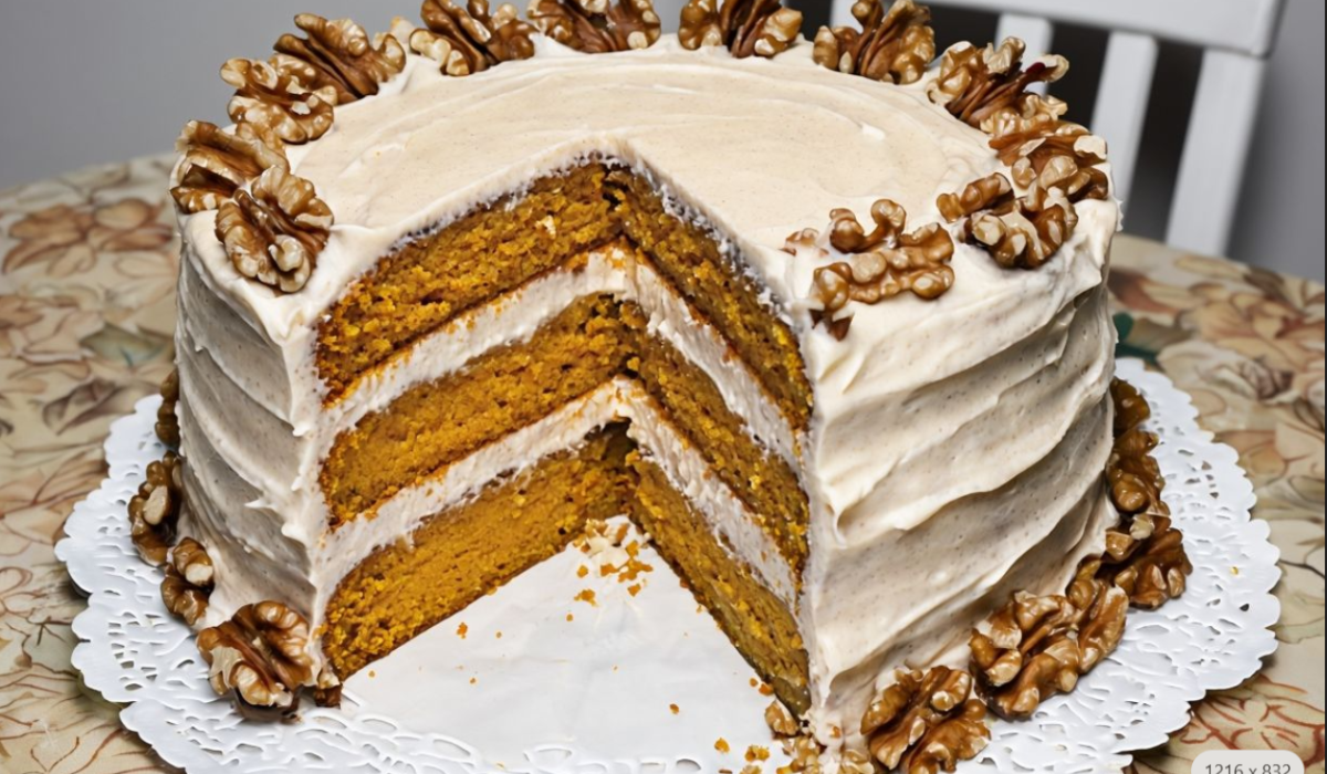A beautifully layered Four-Layer Pumpkin Cake with rich cream cheese frosting, topped with a sprinkle of cinnamon and garnished with a light dusting of nutmeg, served on a white plate for the perfect fall dessert.
