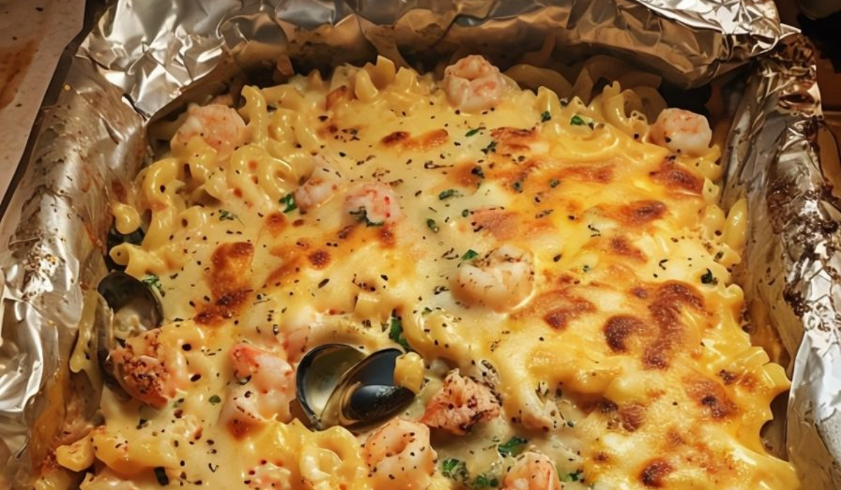 A creamy, cheesy bowl of Seafood Mac and Cheese, loaded with tender shrimp, succulent crab, and gooey melted cheese, garnished with fresh parsley and served in a warm, comforting dish.