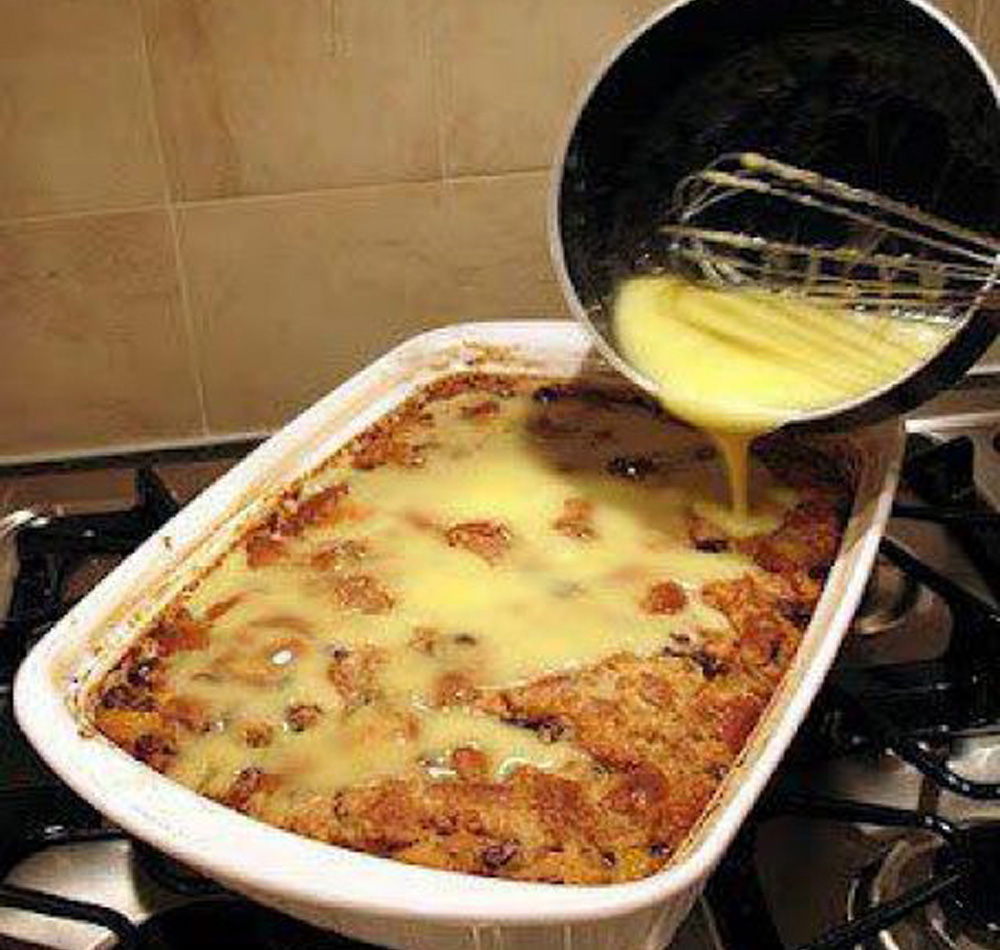 Grandma's old fashioned bread pudding with vanilla sauce