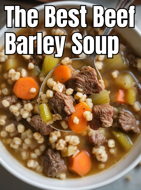 A bowl of hearty beef barley soup, filled with tender beef, rich broth, and perfectly cooked barley