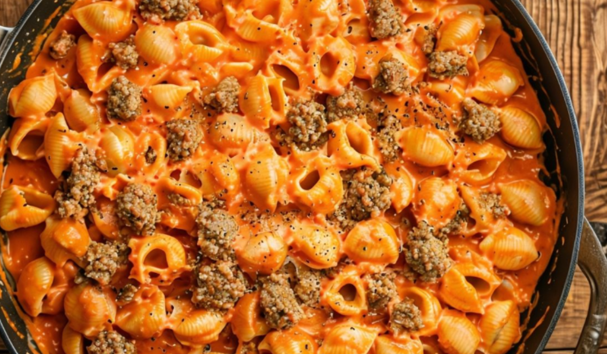 A skillet full of freshly made creamy beef and shells, ready to be served.