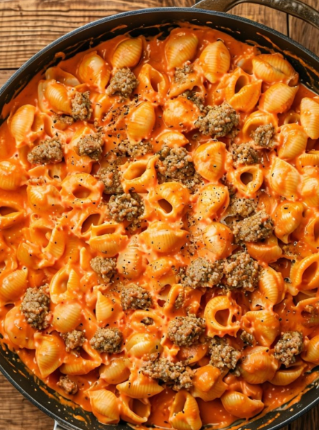 A skillet full of freshly made creamy beef and shells, ready to be served.