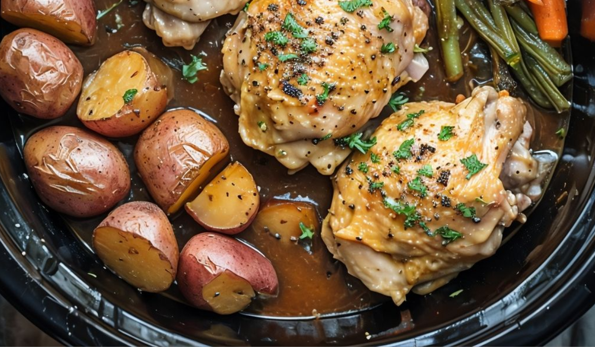 A slow cooker filled with tender chicken thighs, colorful vegetables, and a glossy honey garlic sauce.