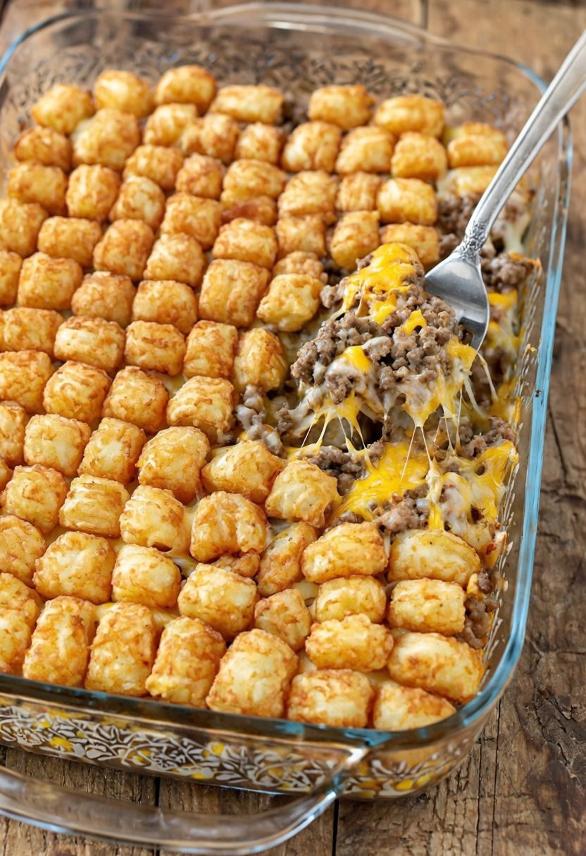 A baking dish full of freshly baked tater tot casserole, ready to be served