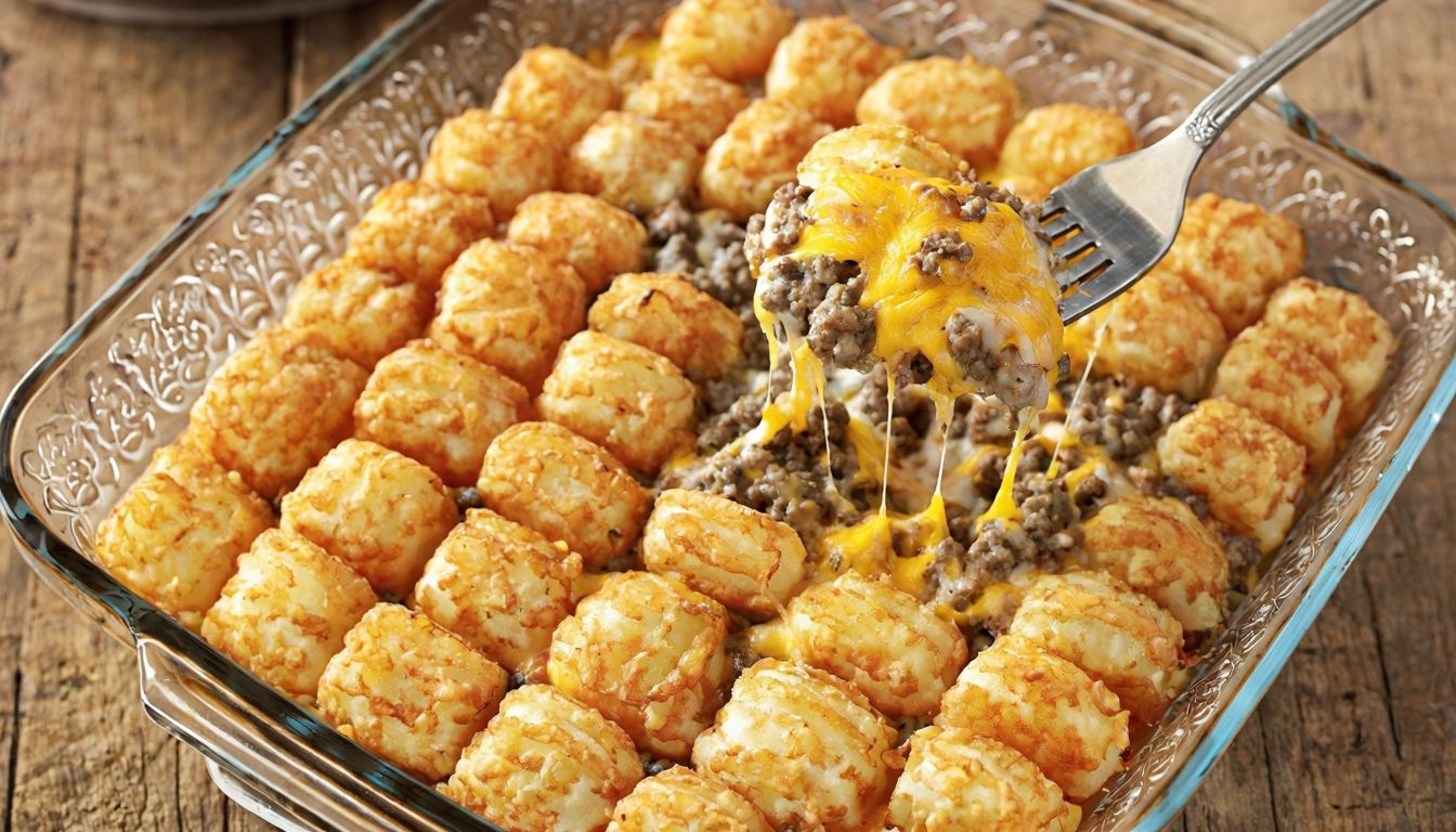 A baking dish full of freshly baked tater tot casserole, ready to be served