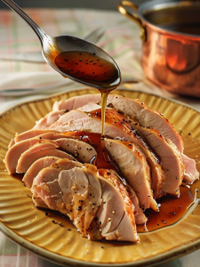 A beautifully golden, butter-basted turkey breast resting on a platter, garnished with fresh herbs and ready to be served.