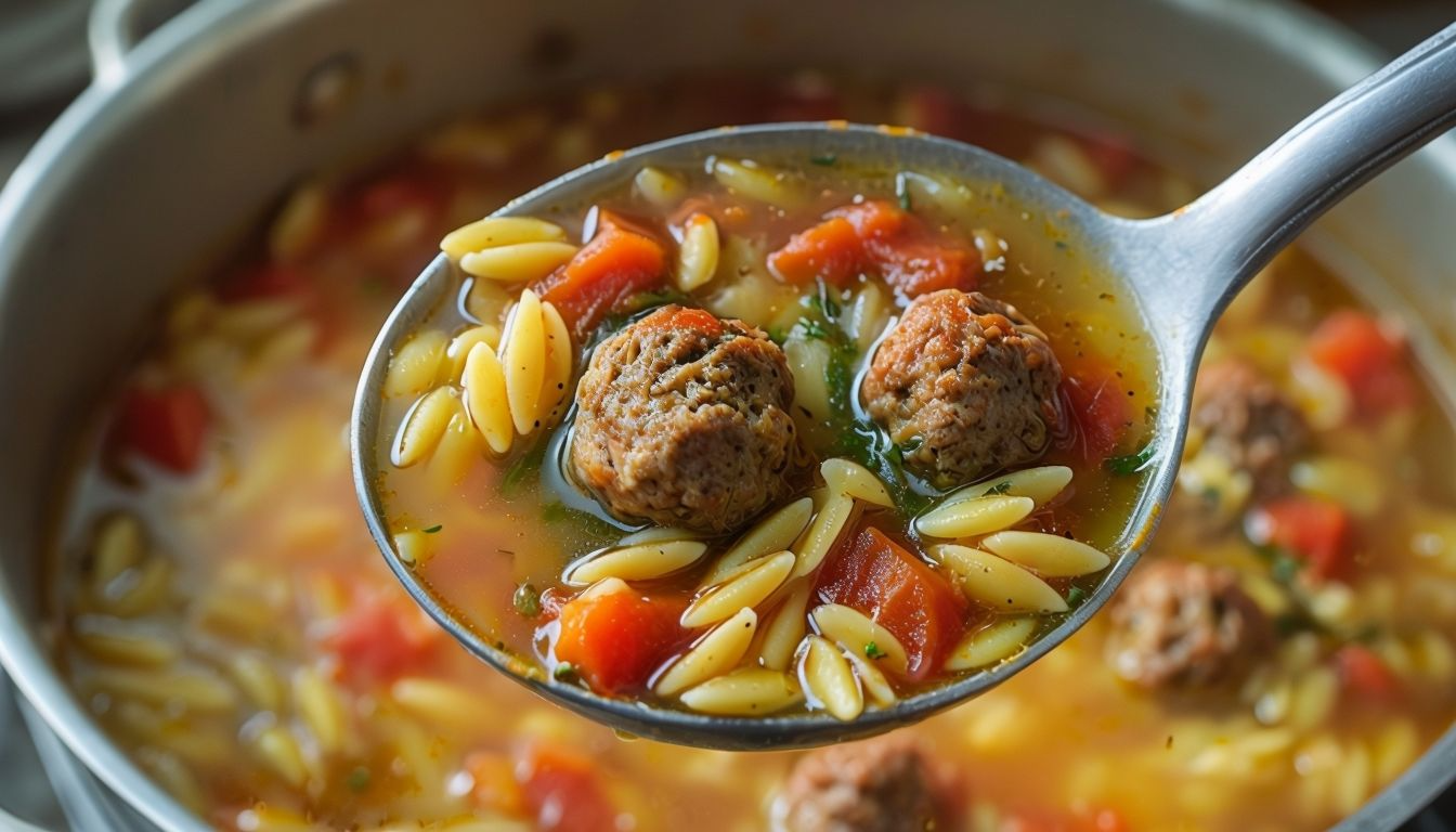 A close-up of a steaming bowl of Italian Sausage Soup, garnished with fresh basil and parmesan cheese."
