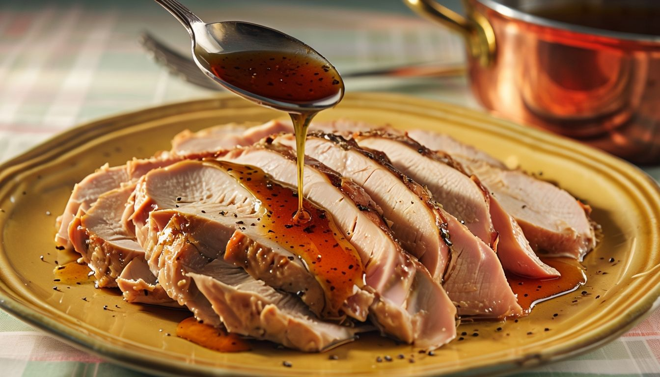 A beautifully golden, butter-basted turkey breast resting on a platter, garnished with fresh herbs and ready to be served.