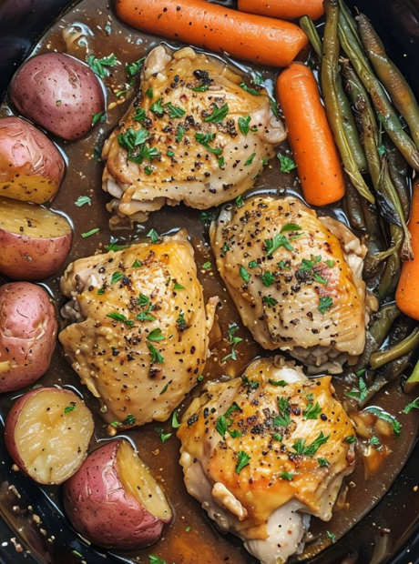 A slow cooker filled with tender chicken thighs, colorful vegetables, and a glossy honey garlic sauce.