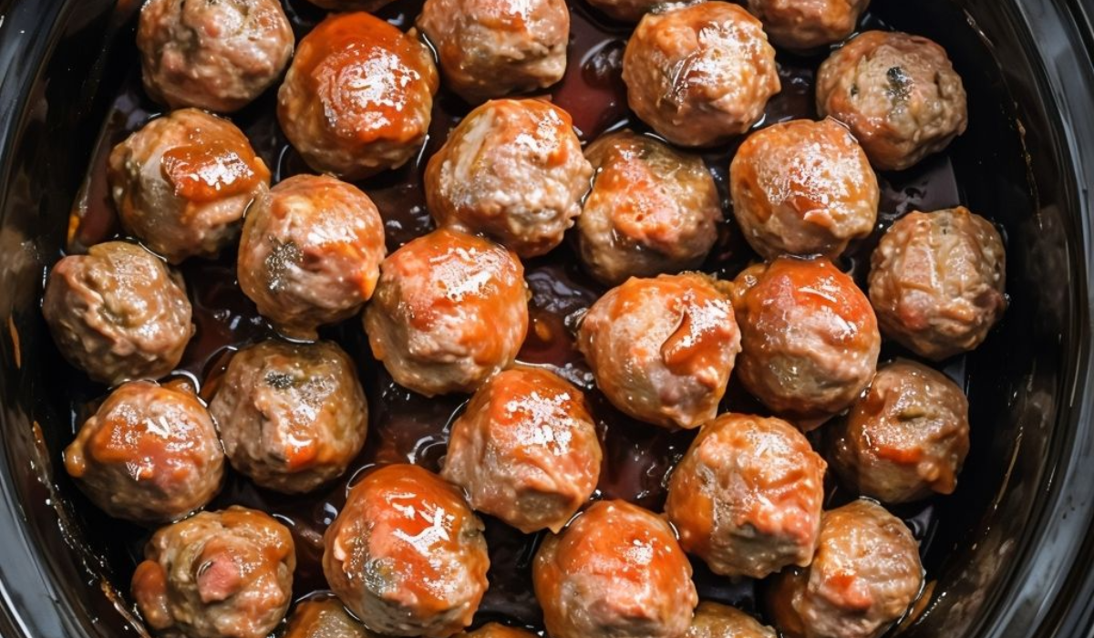 Slow cooker filled with saucy BBQ grape jelly meatballs, garnished with parsley.