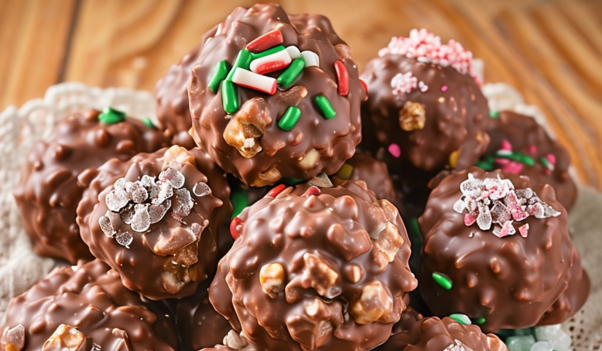 Clusters of crock pot candy on parchment paper with peanuts and chocolate visible.