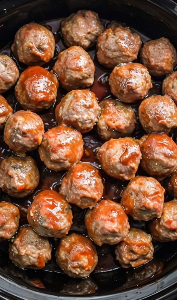 Slow cooker filled with saucy BBQ grape jelly meatballs, garnished with parsley.