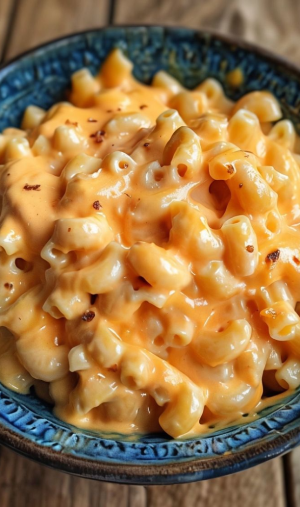 Creamy 3-cheese macaroni and cheese served in a bowl with melty cheese strands.