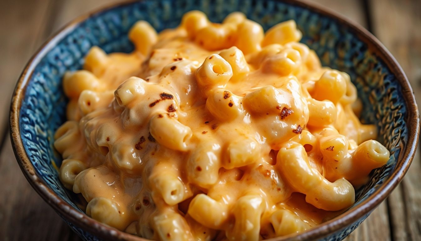 Creamy 3-cheese macaroni and cheese served in a bowl with melty cheese strands.