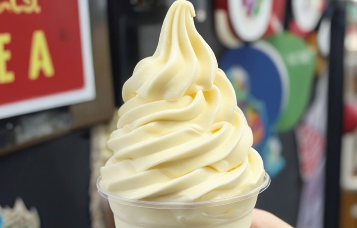 Swirled pineapple Dole Whip in a clear cup with a spoon.