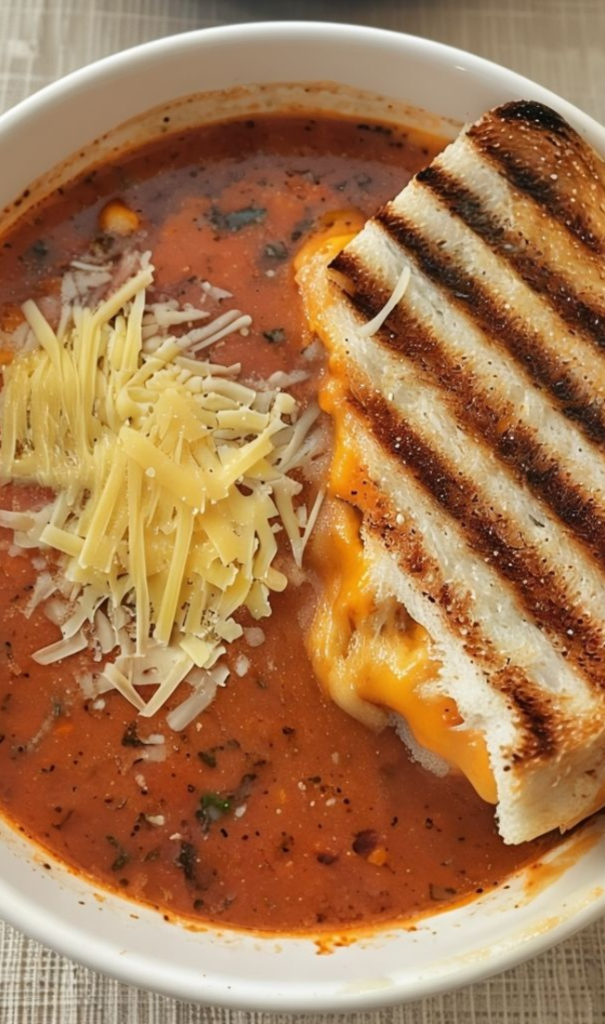 Bowl of creamy tomato soup topped with herbs and served with a grilled cheese sandwich.