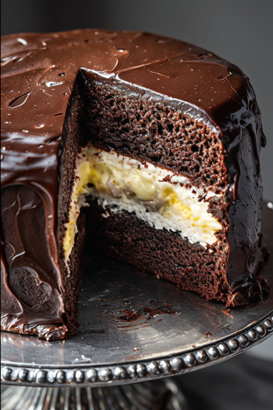 Whole copycat Ding Dong cake on a white cake stand, sliced to reveal the inside.