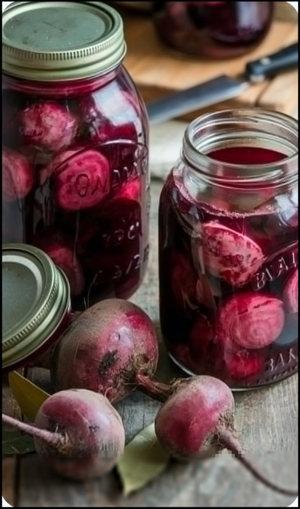 Glass jars filled with vibrant red pickled beets next to fresh beets and vinegar.


