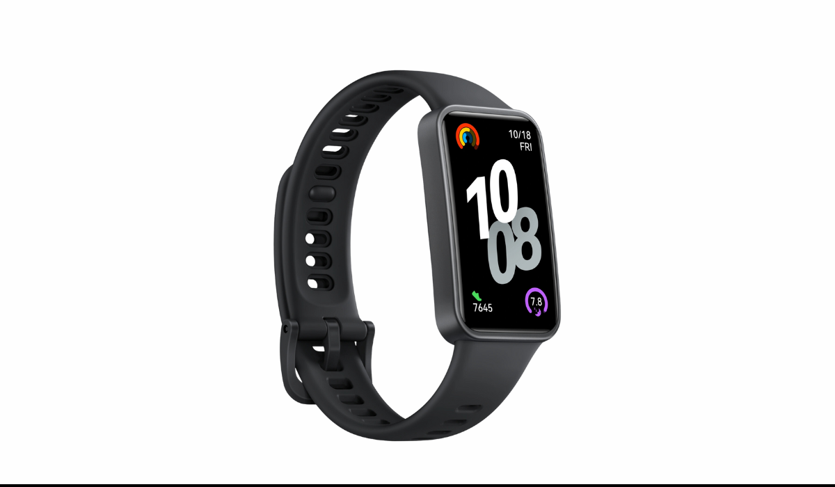 Huawei Band 10 fitness tracker displaying heart rate and health tracking stats on vibrant AMOLED display.