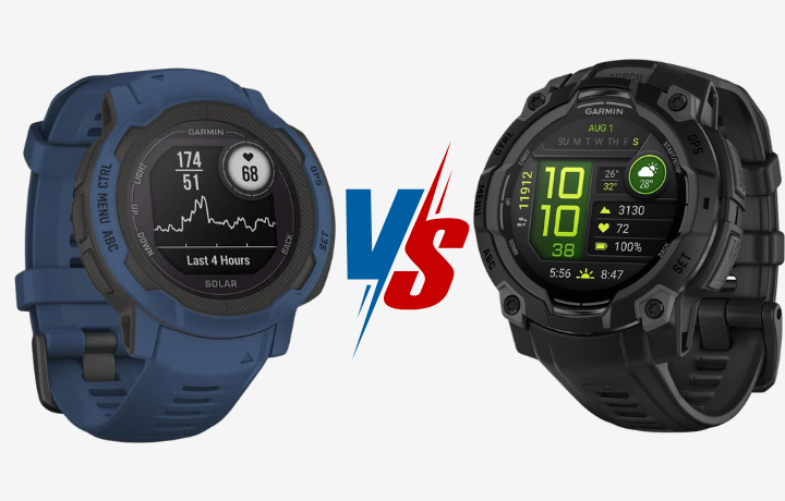 Garmin Instinct 3 vs. Instinct 2/2X side-by-side comparison showing design, display brightness, and navigation differences.